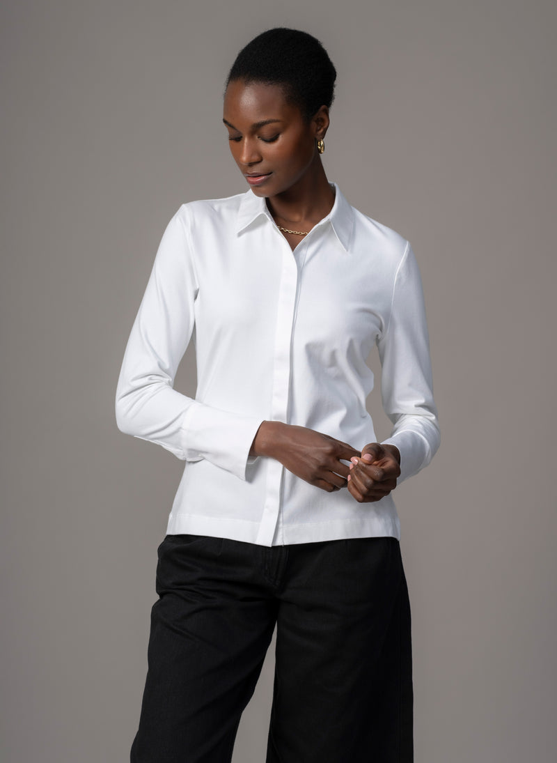 Claudia White Elegant Cotton Jersey Shirt with Woven Collar & Cuffs