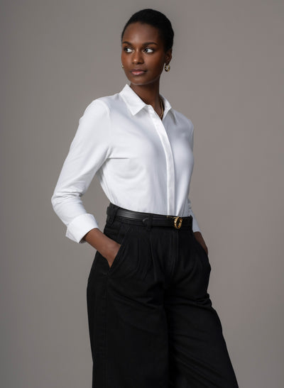 Claudia White Elegant Cotton Jersey Shirt with Woven Collar & Cuffs