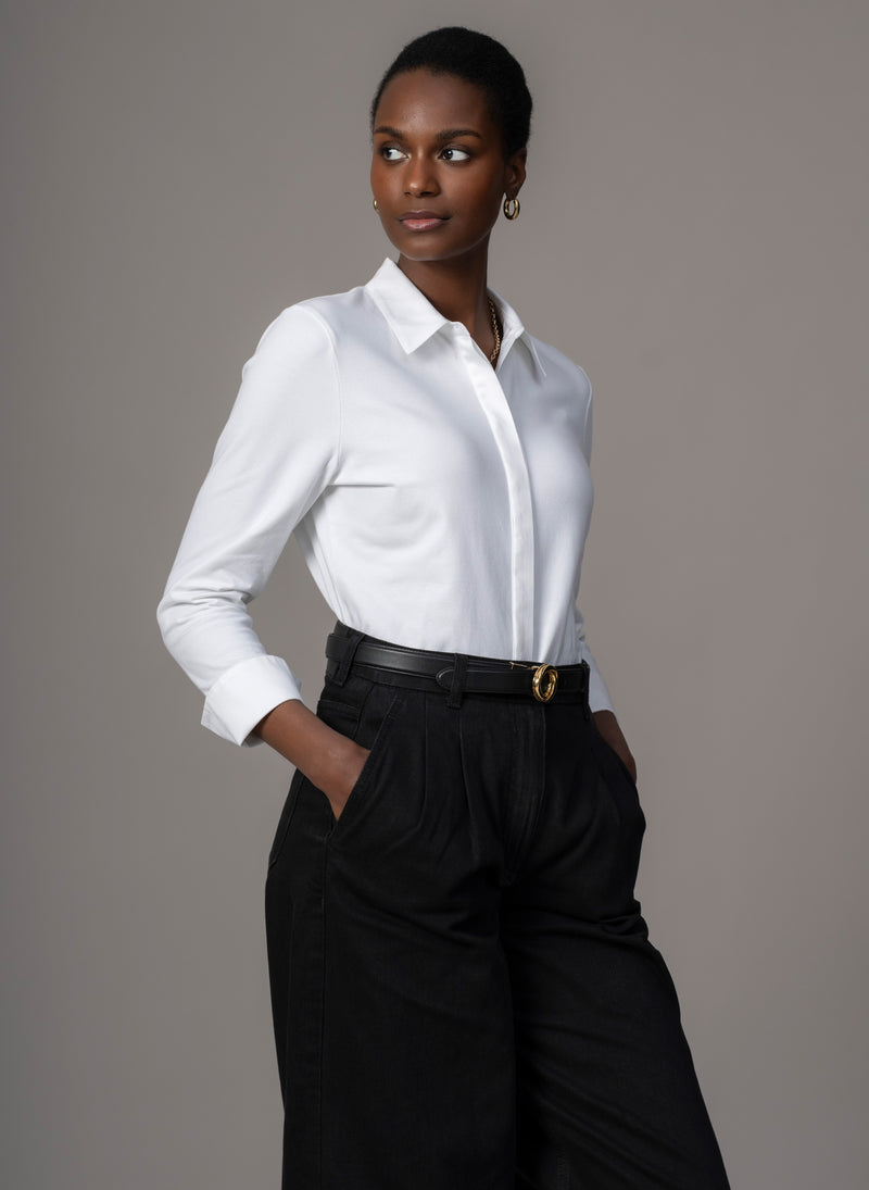 Claudia White Elegant Cotton Jersey Shirt with Woven Collar & Cuffs