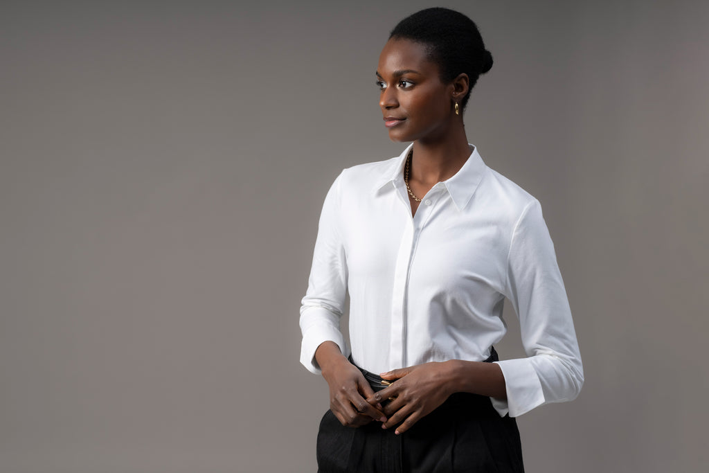 Claudia Cotton Jersey Contour Fit Classic Woven Collar Cuffs