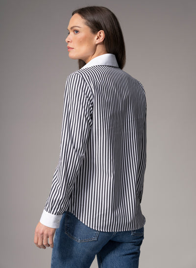 Colleen "The Essential" Black Stripe Semi-fit Basic Shirt in Cotton Poplin