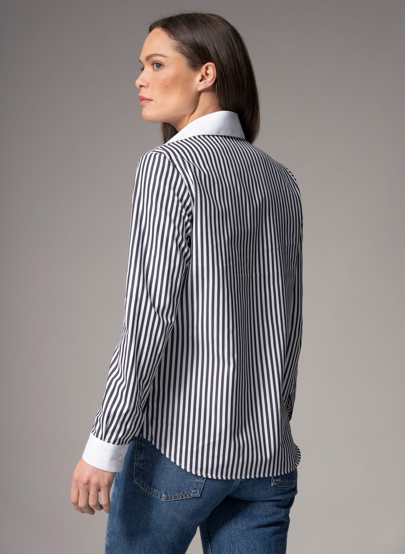 Colleen "The Essential" Black Stripe Semi-fit Basic Shirt in Cotton Poplin