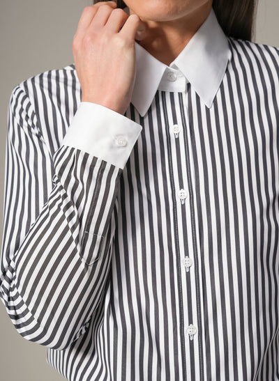 Colleen "The Essential" Black Stripe Semi-fit Basic Shirt in Cotton Poplin