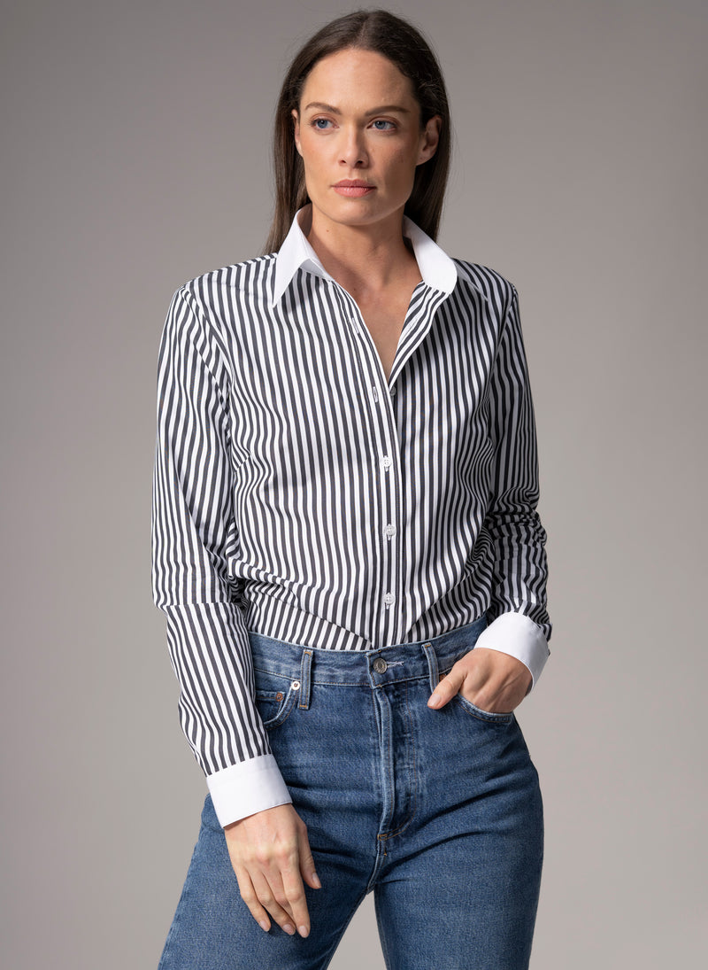 Colleen "The Essential" Black Stripe Semi-fit Basic Shirt in Cotton Poplin