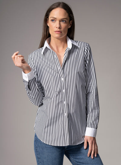 Colleen "The Essential" Black Stripe Semi-fit Basic Shirt in Cotton Poplin