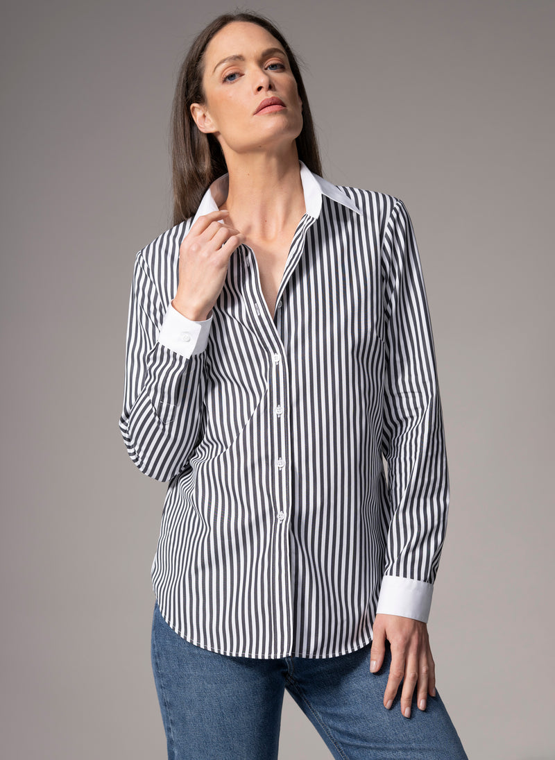 Colleen "The Essential" Black Stripe Semi-fit Basic Shirt in Cotton Poplin