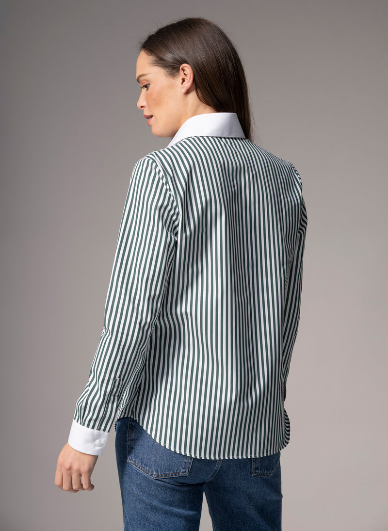 Colleen "The Essential" Green Stripe Semi-fit Basic Shirt in Cotton Poplin