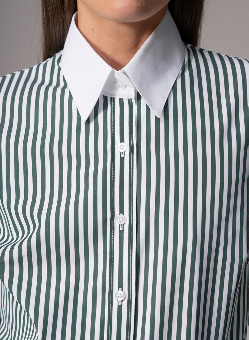 Colleen "The Essential" Green Stripe Semi-fit Basic Shirt in Cotton Poplin