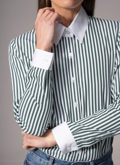 Colleen "The Essential" Green Stripe Semi-fit Basic Shirt in Cotton Poplin