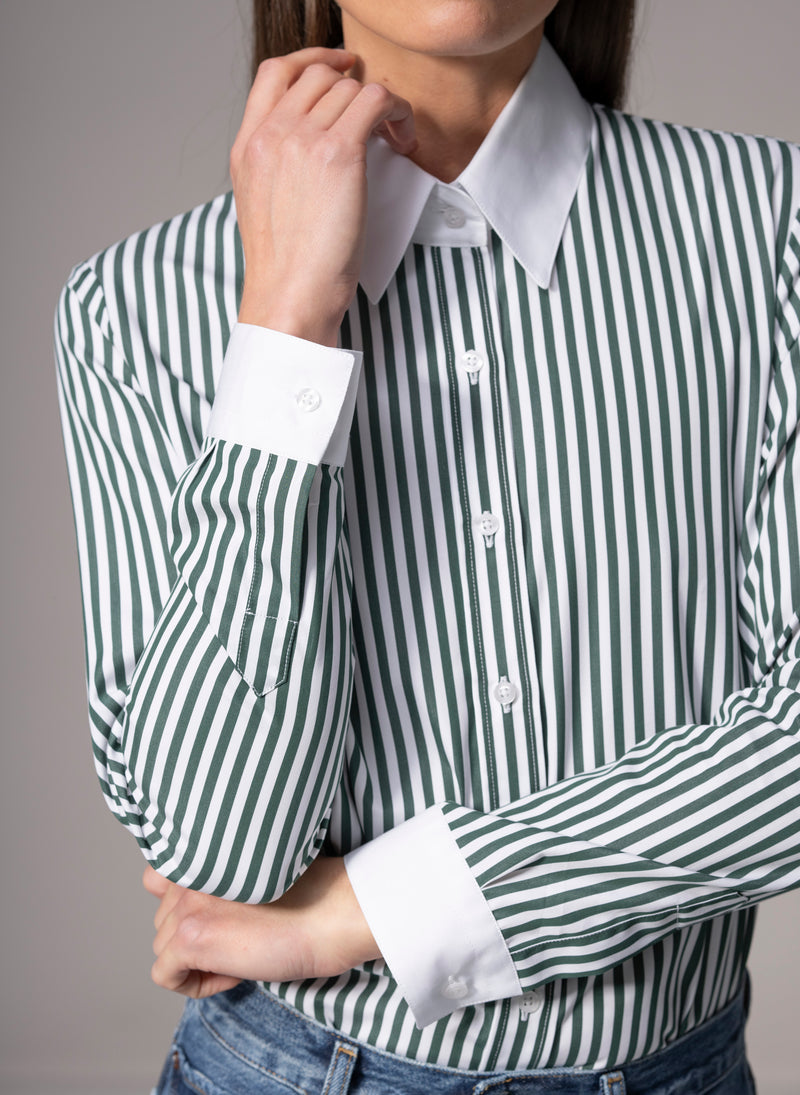 Colleen "The Essential" Green Stripe Semi-fit Basic Shirt in Cotton Poplin