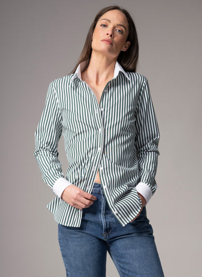 COLLEEN "THE CLASSIC" GREEN & WHITE STRIPE BASIC EASY FIT COTTON SHIRT