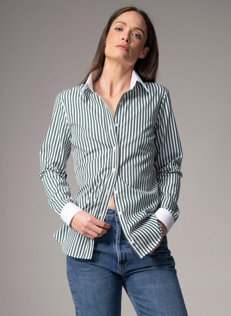 Colleen "The Essential" Green Stripe Semi-fit Basic Shirt in Cotton Poplin