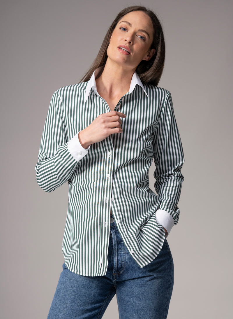 Colleen "The Essential" Green Stripe Semi-fit Basic Shirt in Cotton Poplin