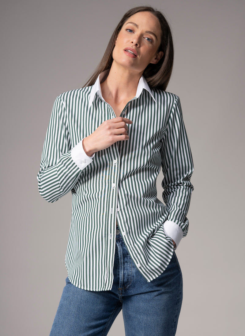 COLLEEN "THE CLASSIC" GREEN & WHITE STRIPE BASIC EASY FIT COTTON SHIRT