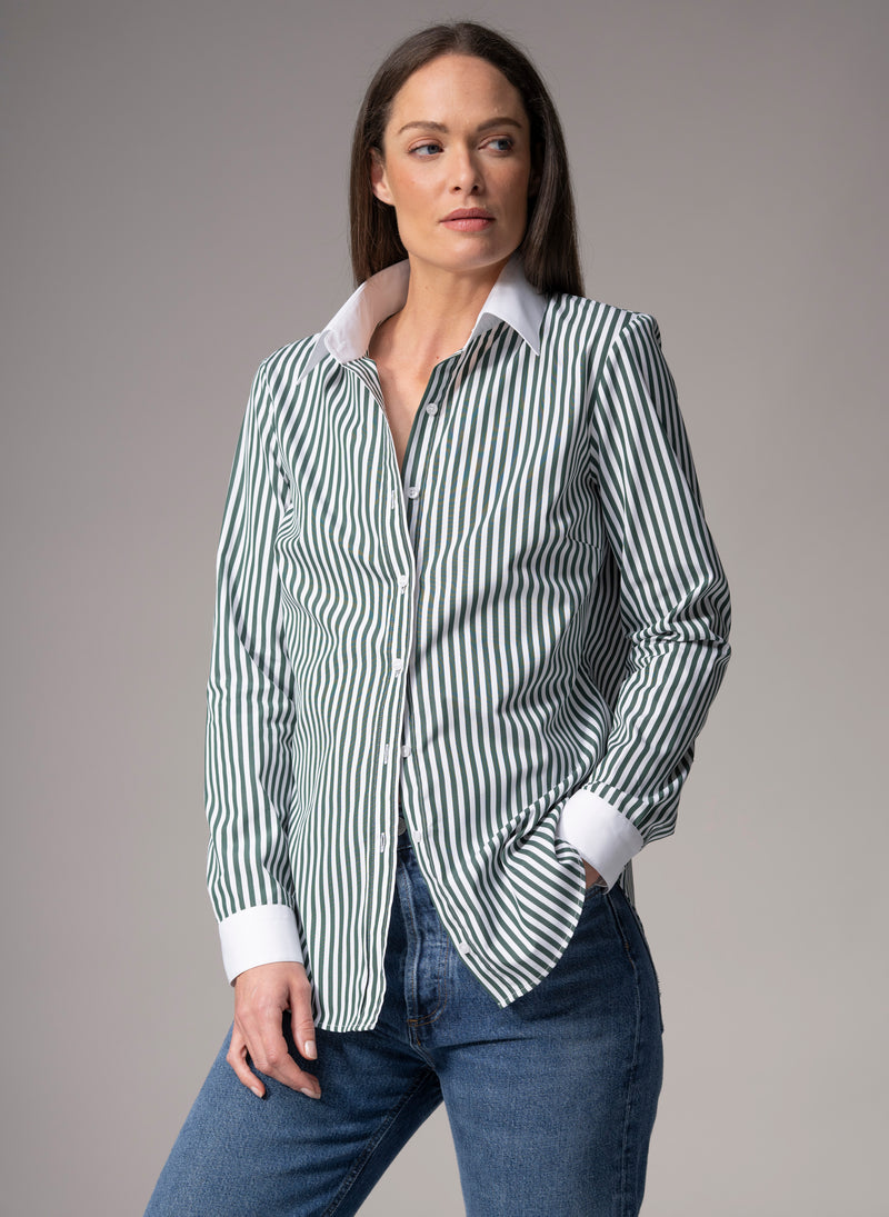 Colleen "The Essential" Green Stripe Semi-fit Basic Shirt in Cotton Poplin
