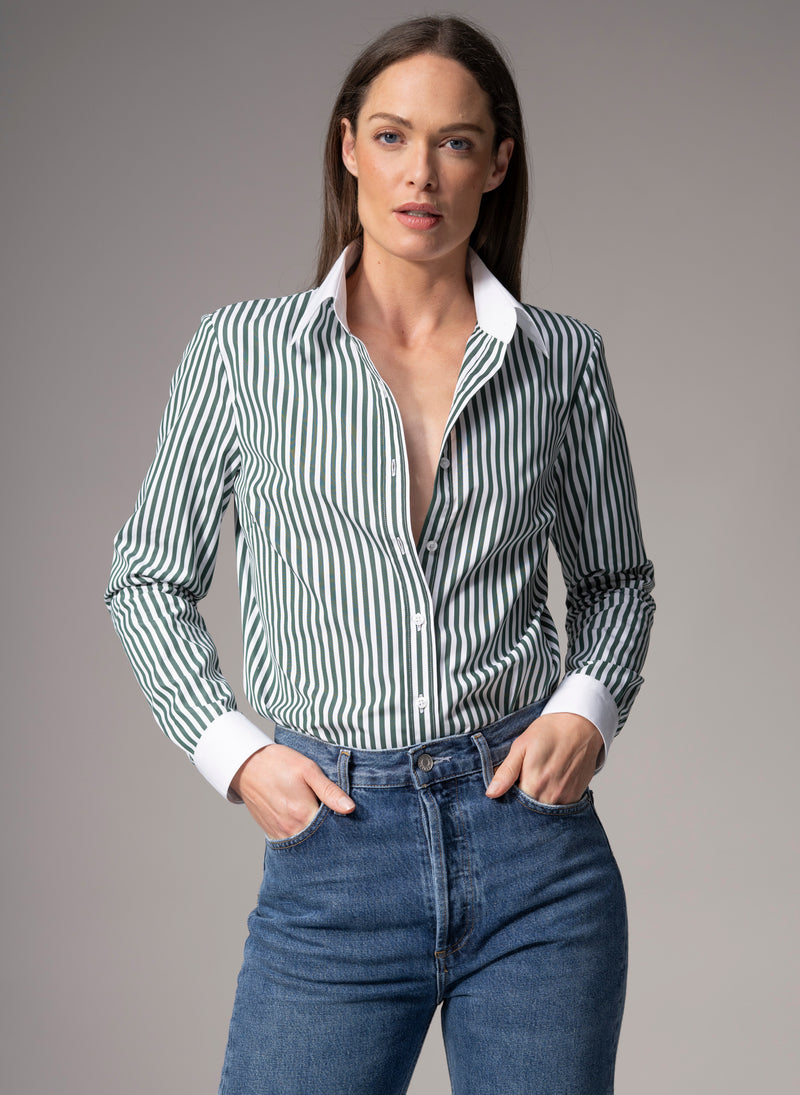 Colleen "The Essential" Green Stripe Semi-fit Basic Shirt in Cotton Poplin