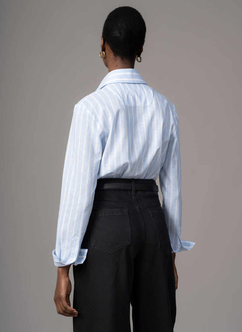Colleen "The Classic" Blue Stripe Linen Semi-fit Basic Shirt