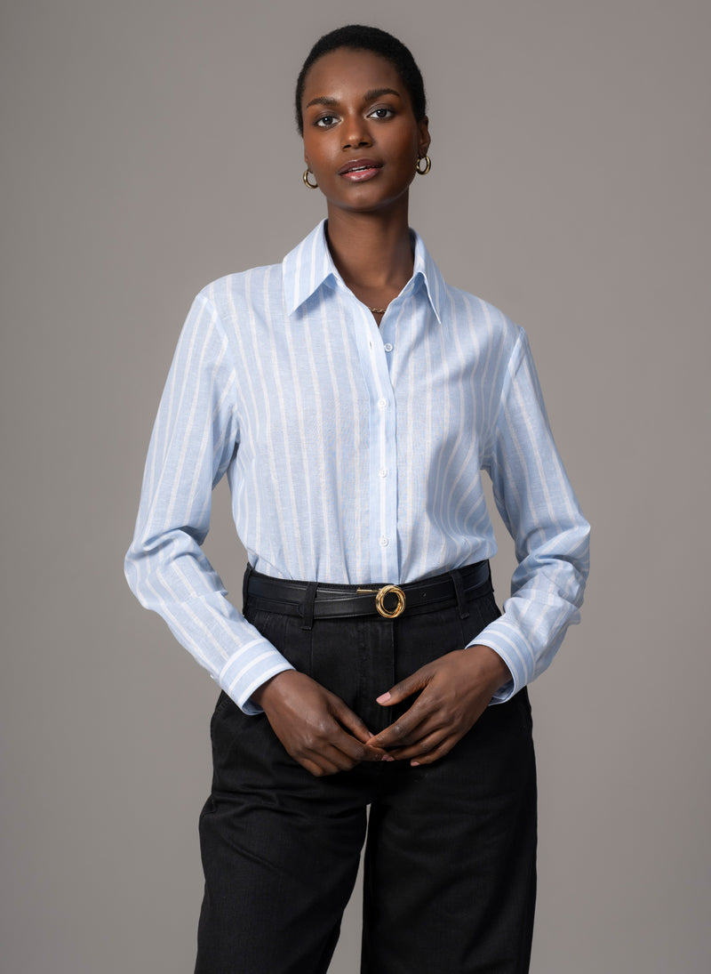 Colleen "The Classic" Blue Stripe Linen Semi-fit Basic Shirt