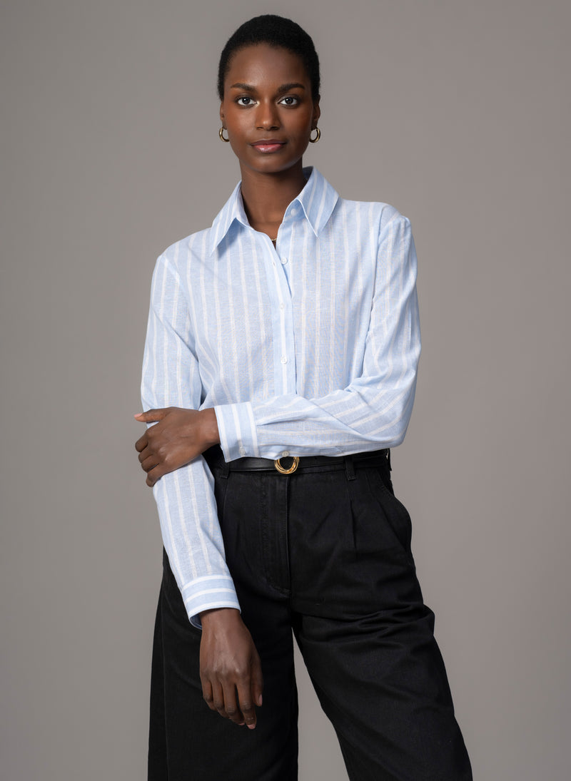 Colleen "The Classic" Blue Stripe Linen Semi-fit Basic Shirt