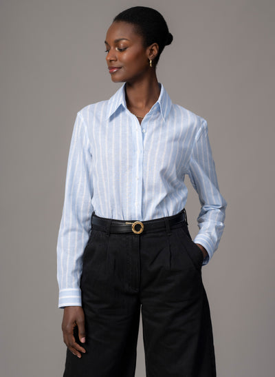 Colleen "The Classic" Blue Stripe Linen Semi-fit Basic Shirt