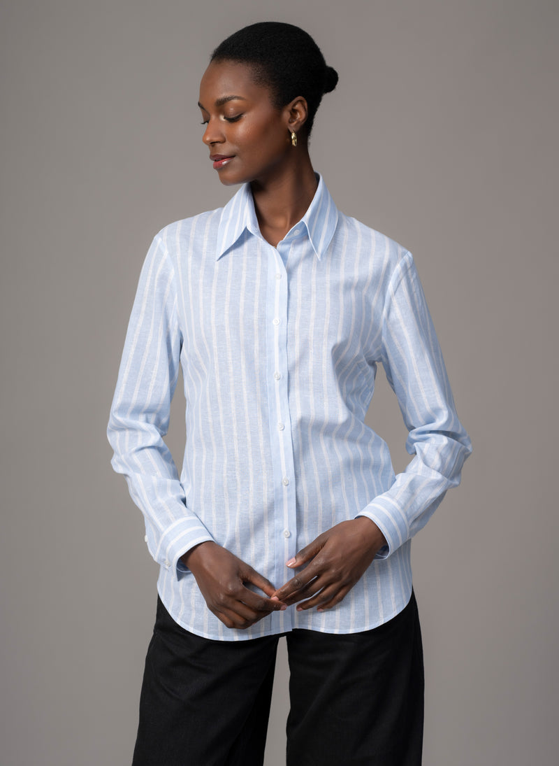 Colleen "The Classic" Blue Stripe Linen Semi-fit Basic Shirt