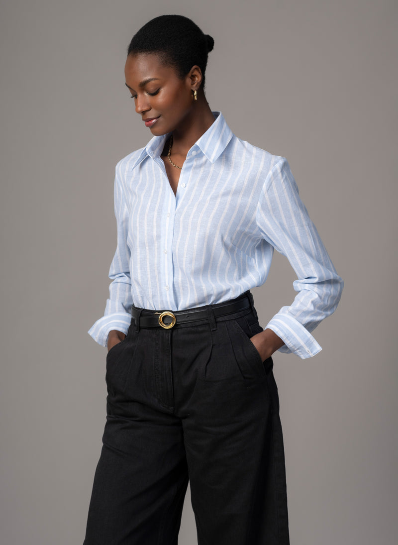 Colleen "The Classic" Blue Stripe Linen Semi-fit Basic Shirt