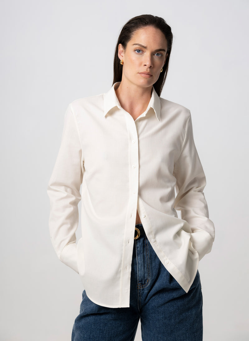 Colleen "The Essential" Ivory Semi-fit Basic Shirt in Merino Wool and Cotton