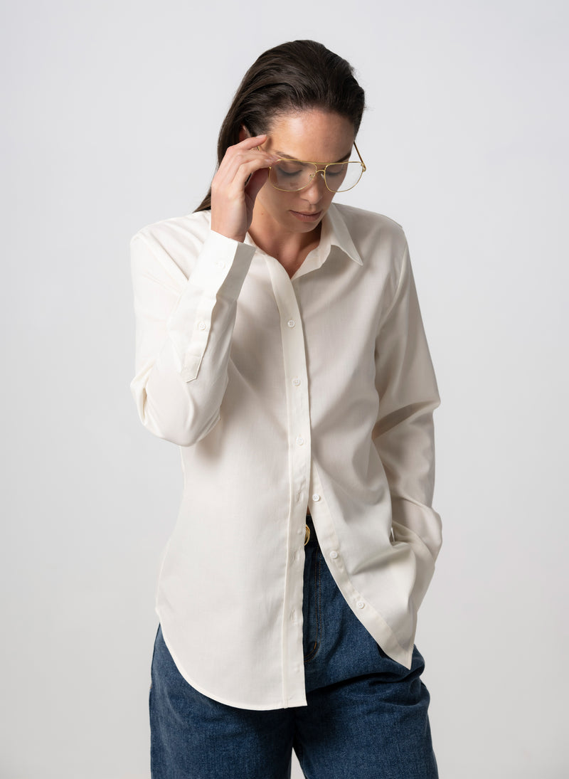 Colleen "The Essential" Ivory Semi-fit Basic Shirt in Merino Wool and Cotton