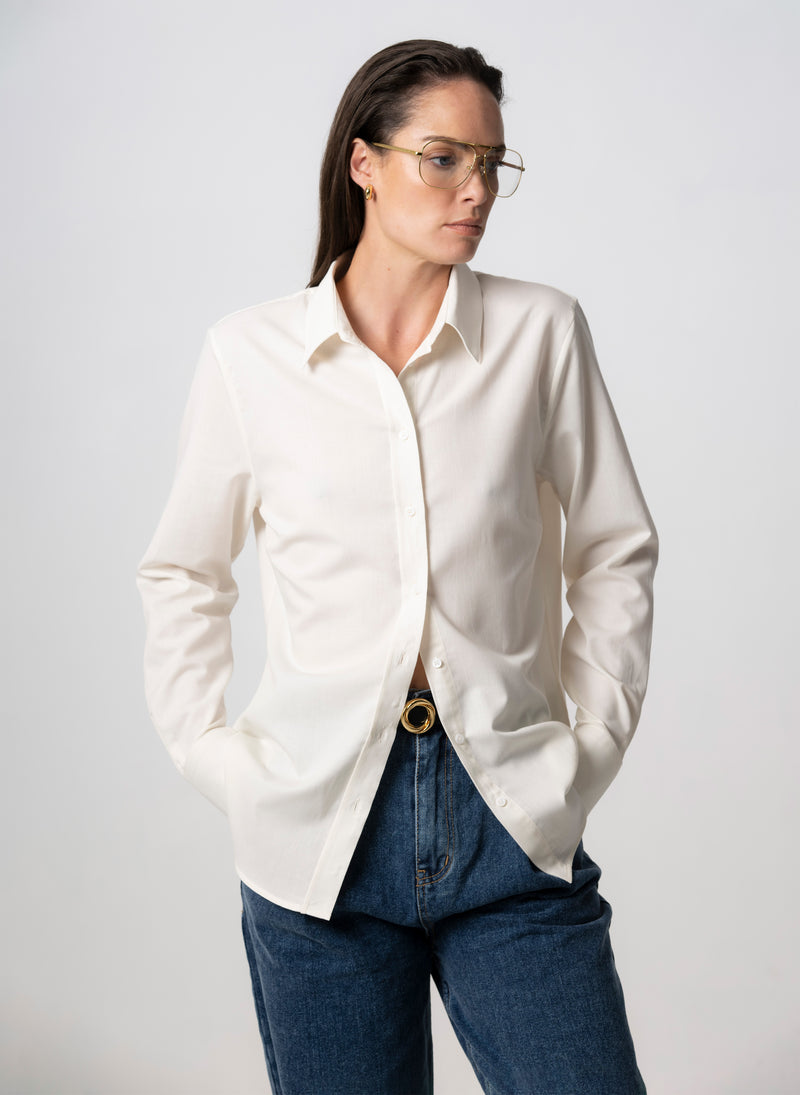 Colleen "The Essential" Ivory Semi-fit Basic Shirt in Merino Wool and Cotton