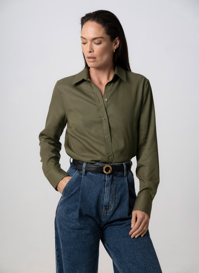 Colleen "The Essential" Khaki Semi-fit Basic Shirt in Tencel
