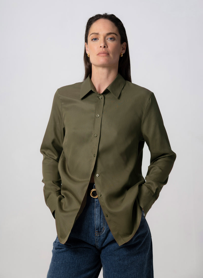 Colleen "The Essential" Khaki Semi-fit Basic Shirt in Tencel