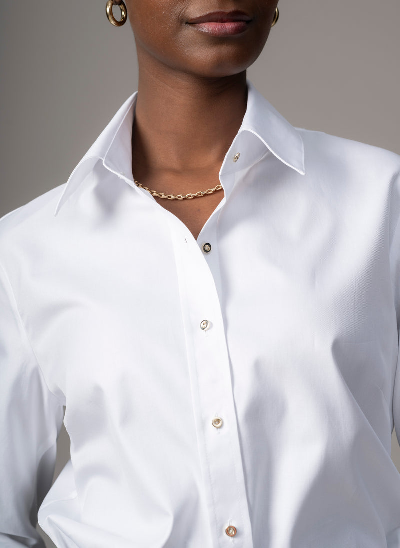Colleen "The Classic" White Cotton Oxford with Gold Buttons Semi-fit Basic Shirt