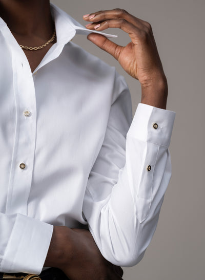 Colleen "The Classic" White Cotton Oxford with Gold Buttons Semi-fit Basic Shirt