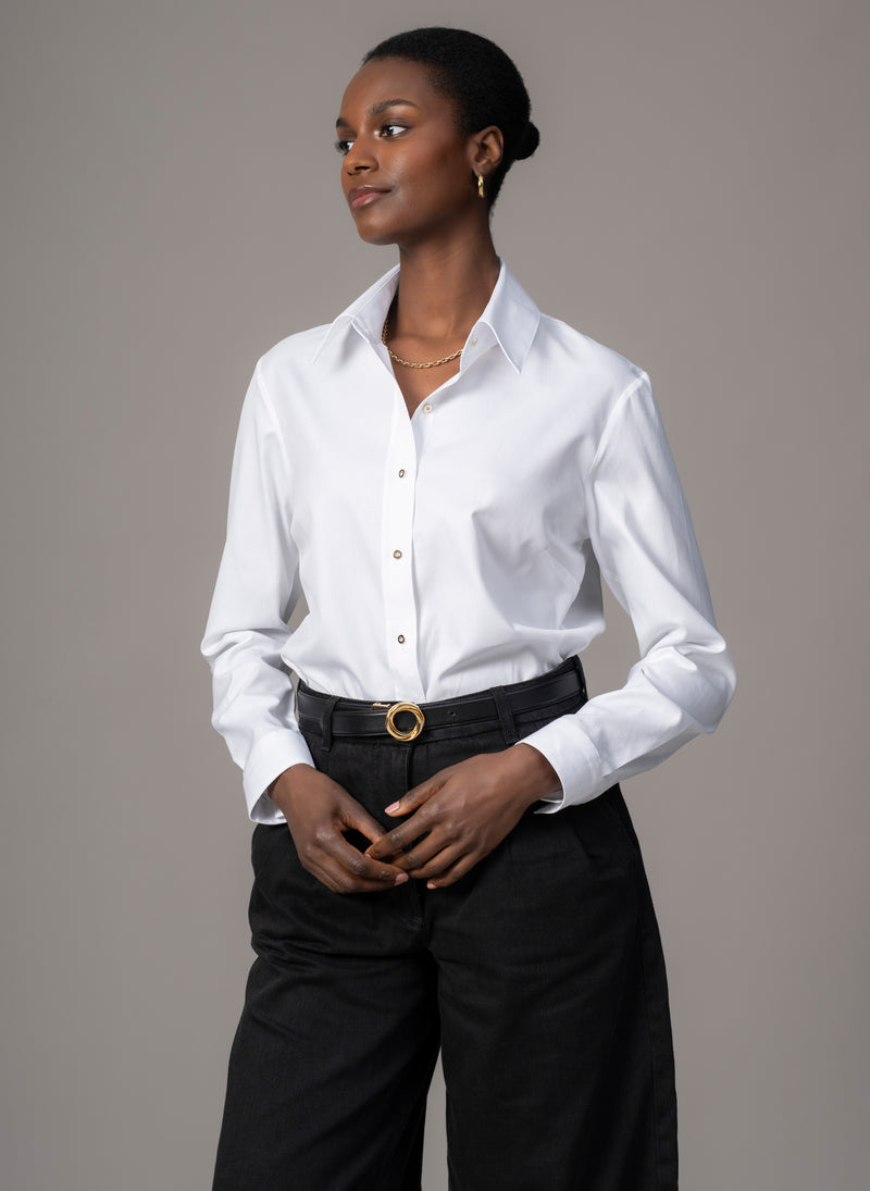 Colleen "The Classic" White Cotton Oxford with Gold Buttons Semi-fit Basic Shirt