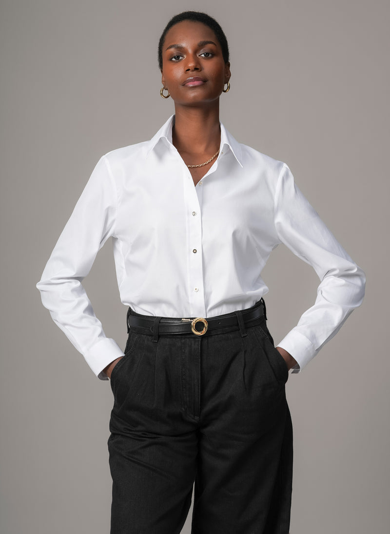 Colleen "The Classic" White Cotton Oxford with Gold Buttons Semi-fit Basic Shirt