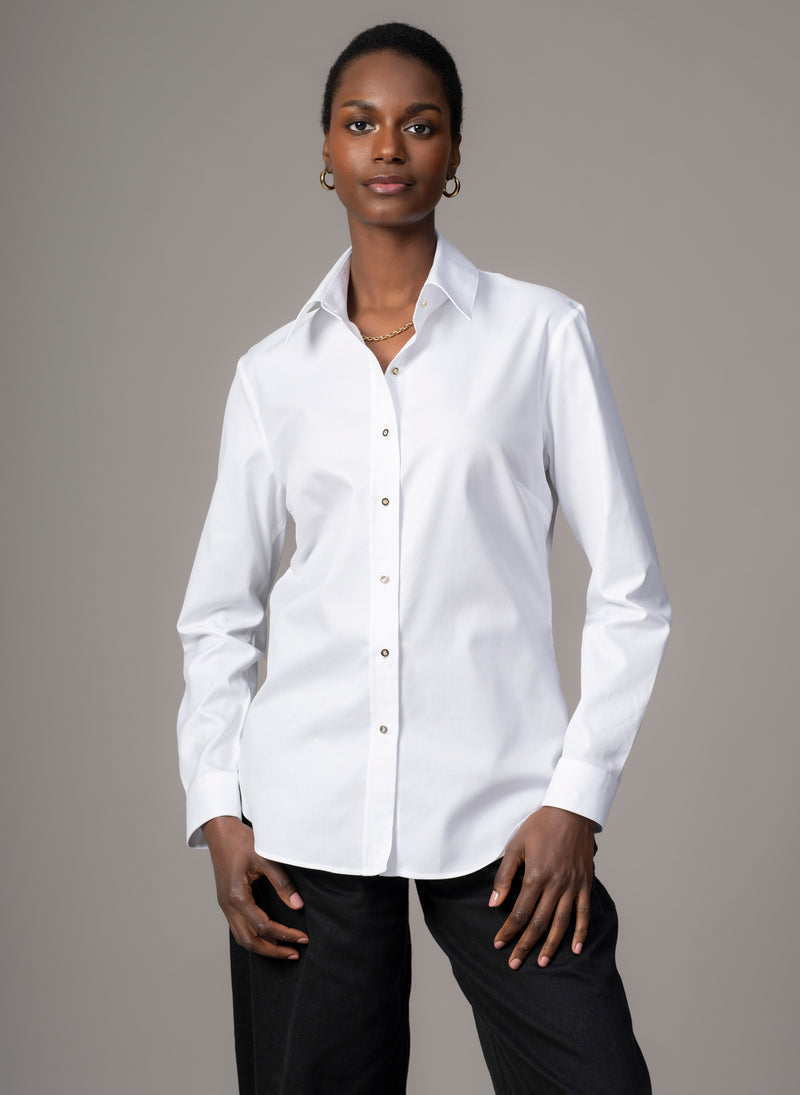 Colleen "The Classic" White Cotton Oxford with Gold Buttons Semi-fit Basic Shirt