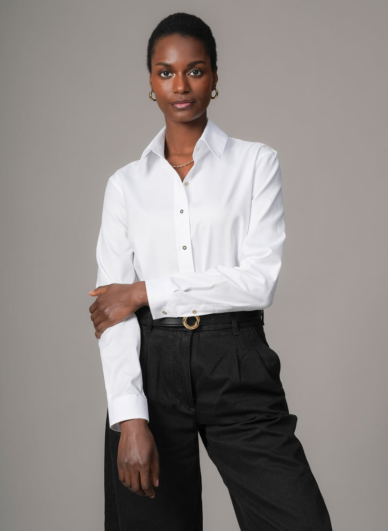 Colleen "The Classic" White Cotton Oxford with Gold Buttons Semi-fit Basic Shirt