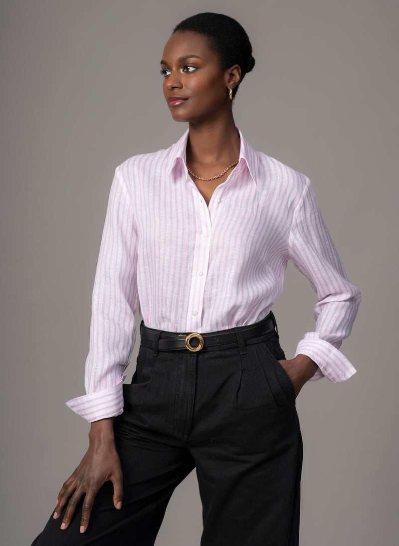 Colleen "The Classic" Pink Stripe Linen Semi-fit Basic Shirt