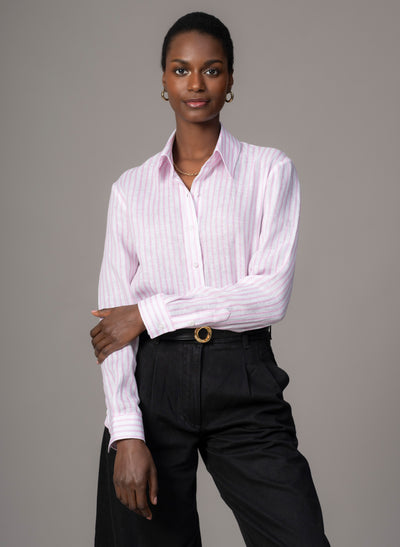 Colleen "The Classic" Pink Stripe Linen Semi-fit Basic Shirt