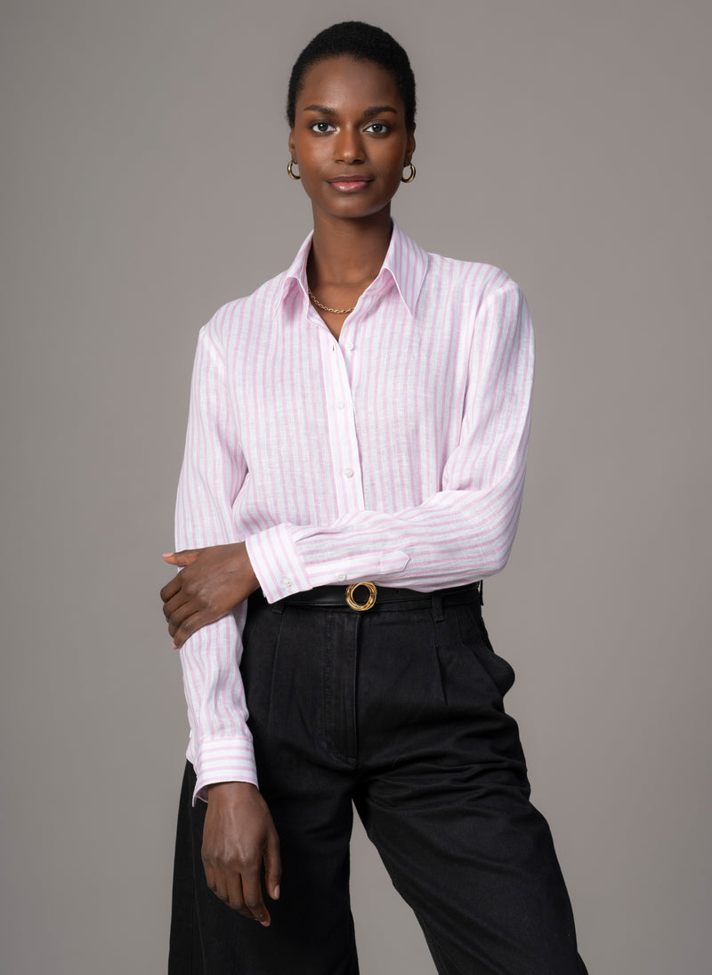 Colleen "The Classic" Pink Stripe Linen Semi-fit Basic Shirt