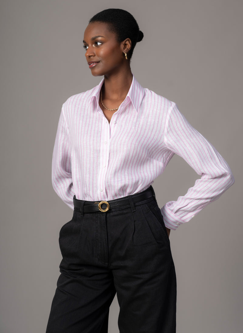 Colleen "The Classic" Pink Stripe Linen Semi-fit Basic Shirt