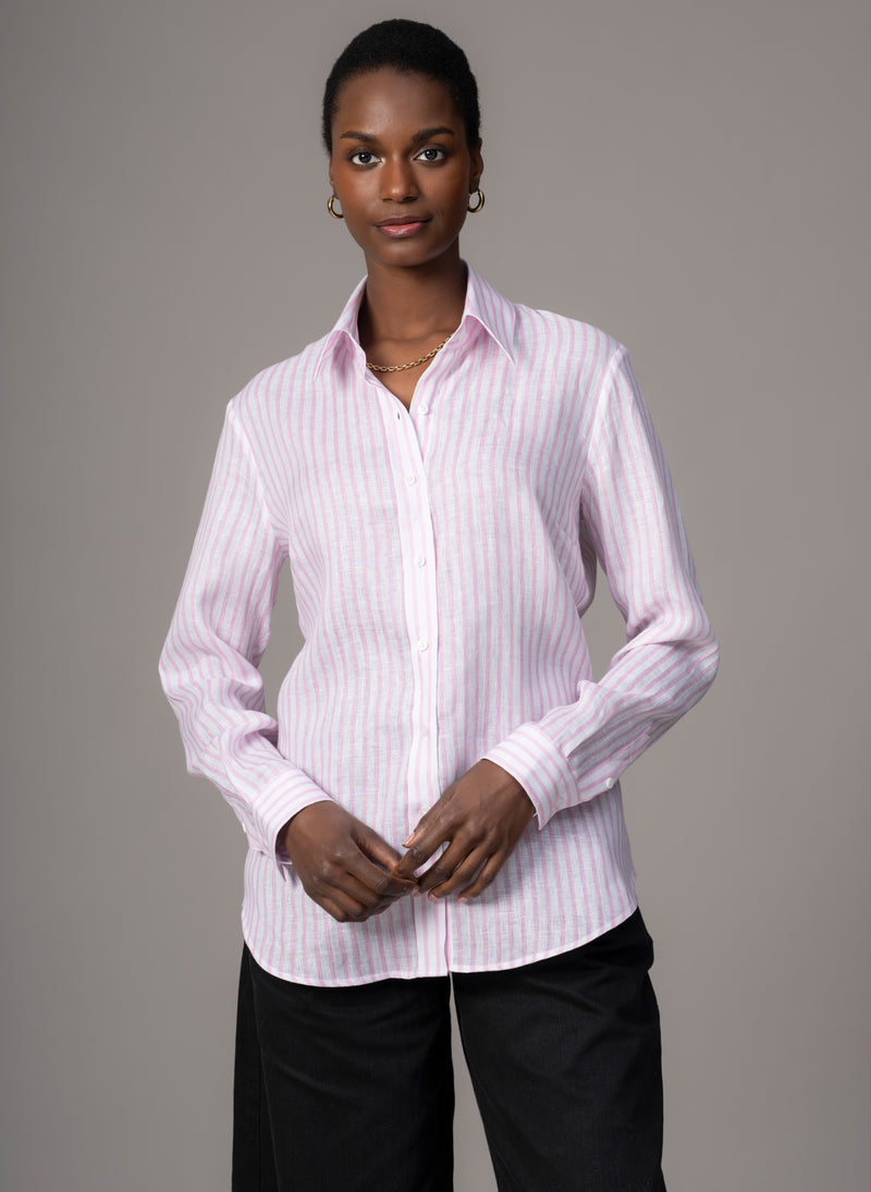 Colleen "The Classic" Pink Stripe Linen Semi-fit Basic Shirt