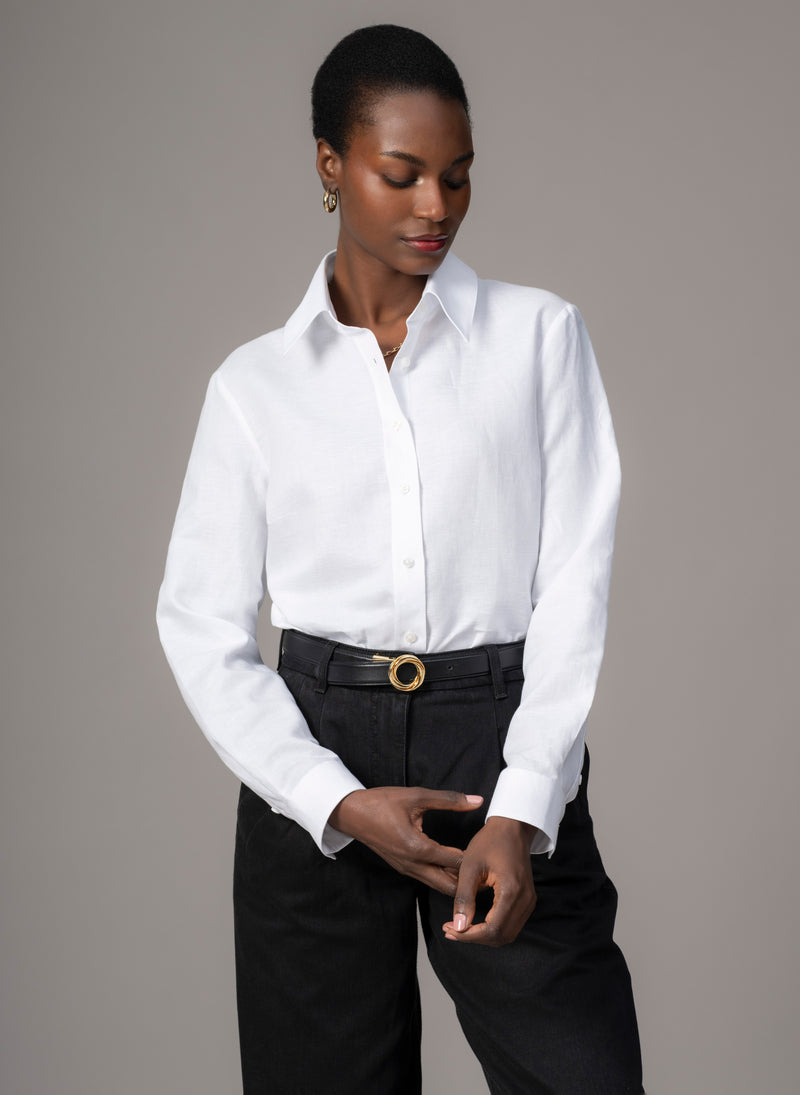 Colleen "The Classic" White Linen Weave Semi-fit Basic Shirt