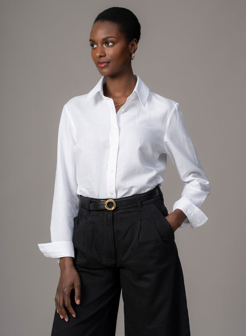 Colleen "The Classic" White Linen Weave Semi-fit Basic Shirt