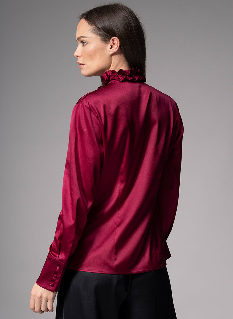 CONSTANCE BURGUNDY RUFFLE COLLAR SILK SATIN EVENING BLOUSE