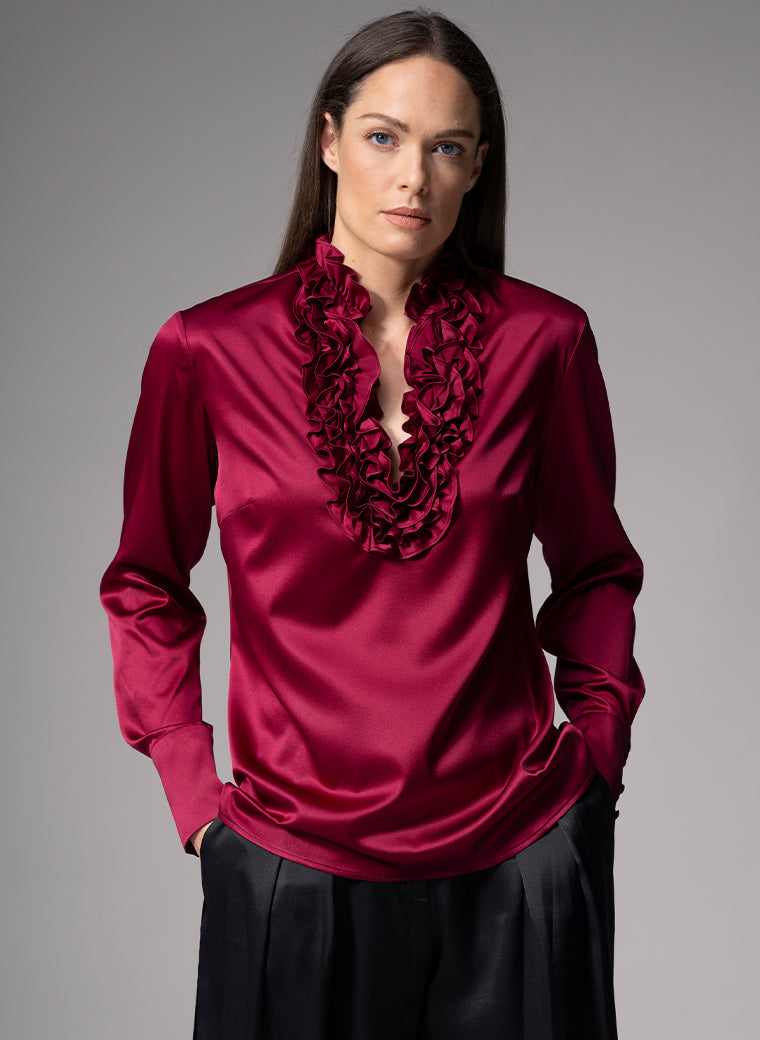 CONSTANCE BURGUNDY RUFFLE COLLAR SILK SATIN EVENING BLOUSE