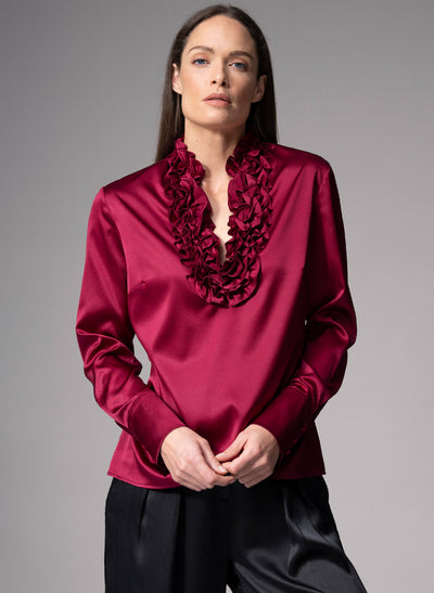 CONSTANCE BURGUNDY RUFFLE COLLAR SILK SATIN EVENING BLOUSE