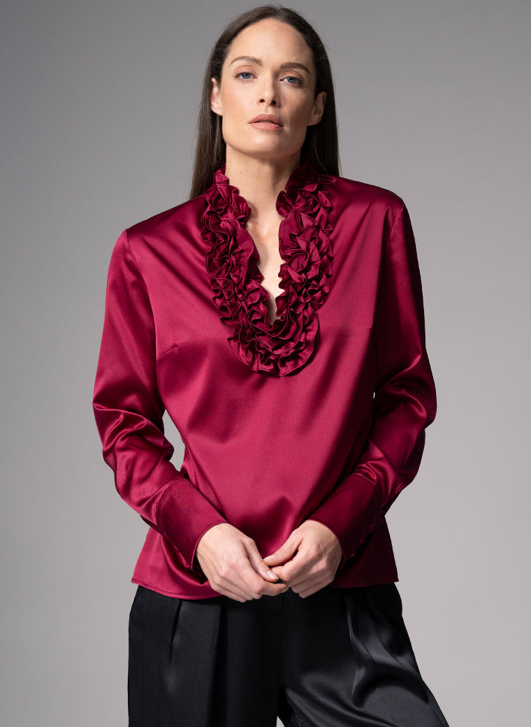 CONSTANCE BURGUNDY RUFFLE COLLAR SILK SATIN EVENING BLOUSE