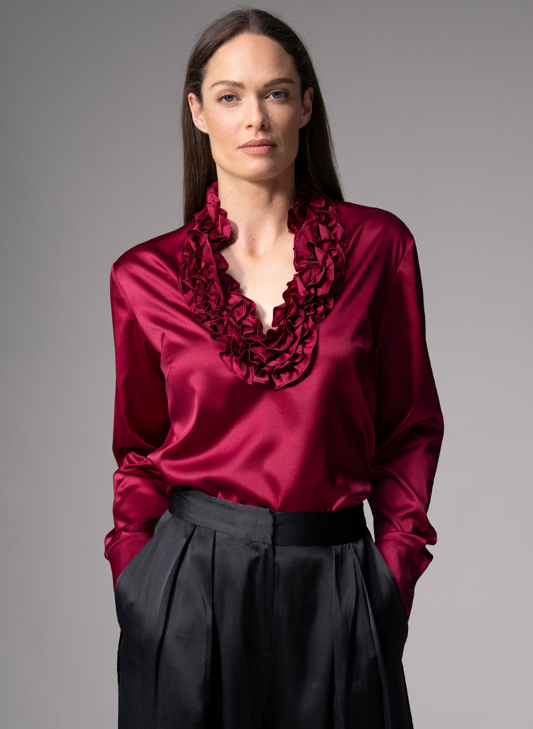 CONSTANCE BURGUNDY RUFFLE COLLAR SILK SATIN EVENING BLOUSE