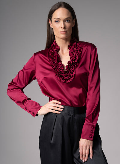 CONSTANCE BURGUNDY RUFFLE COLLAR SILK SATIN EVENING BLOUSE